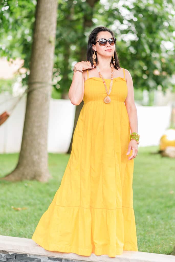 How to Style Natural Jewelry With a Yellow Maxi Dress
