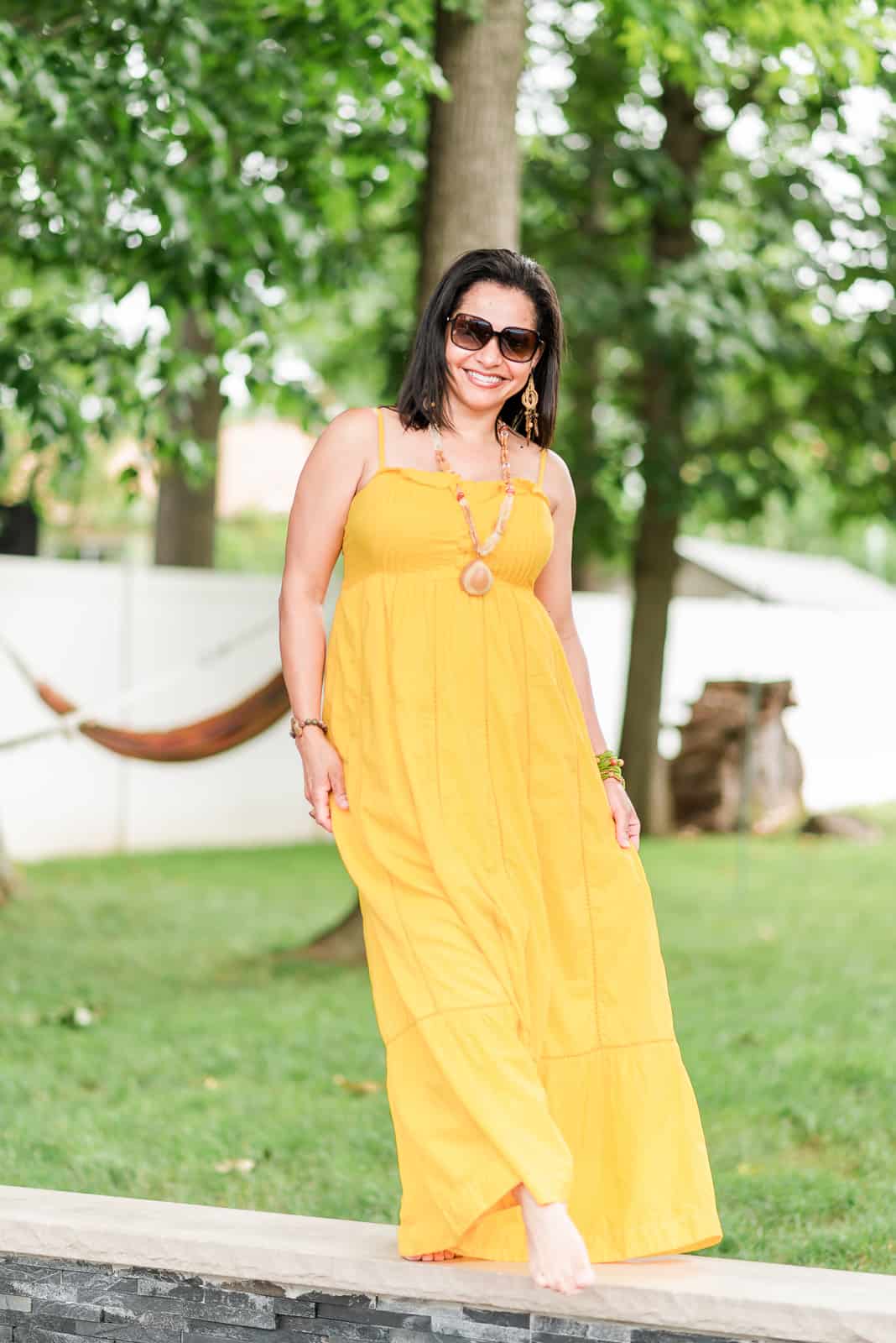 How to Style Natural Jewelry With a Yellow Maxi Dress